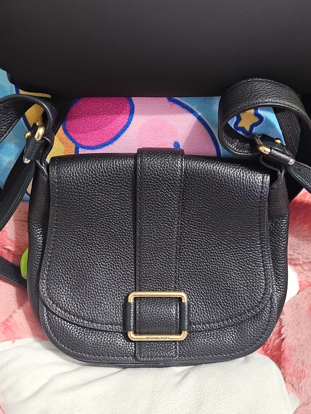 Michael Kors Black Pebbled Leather Crossbody with Gold Buckle